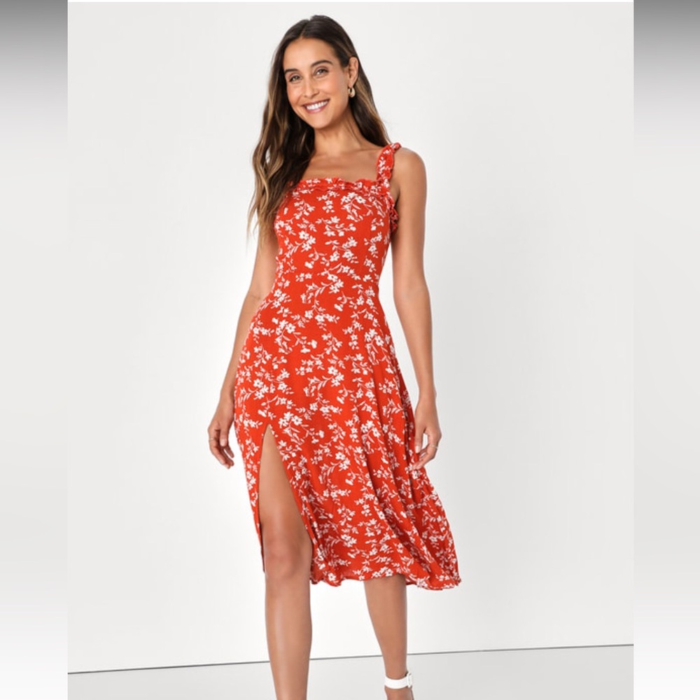 Garden Date Red Orange Floral Print Ruffle Midi Dress